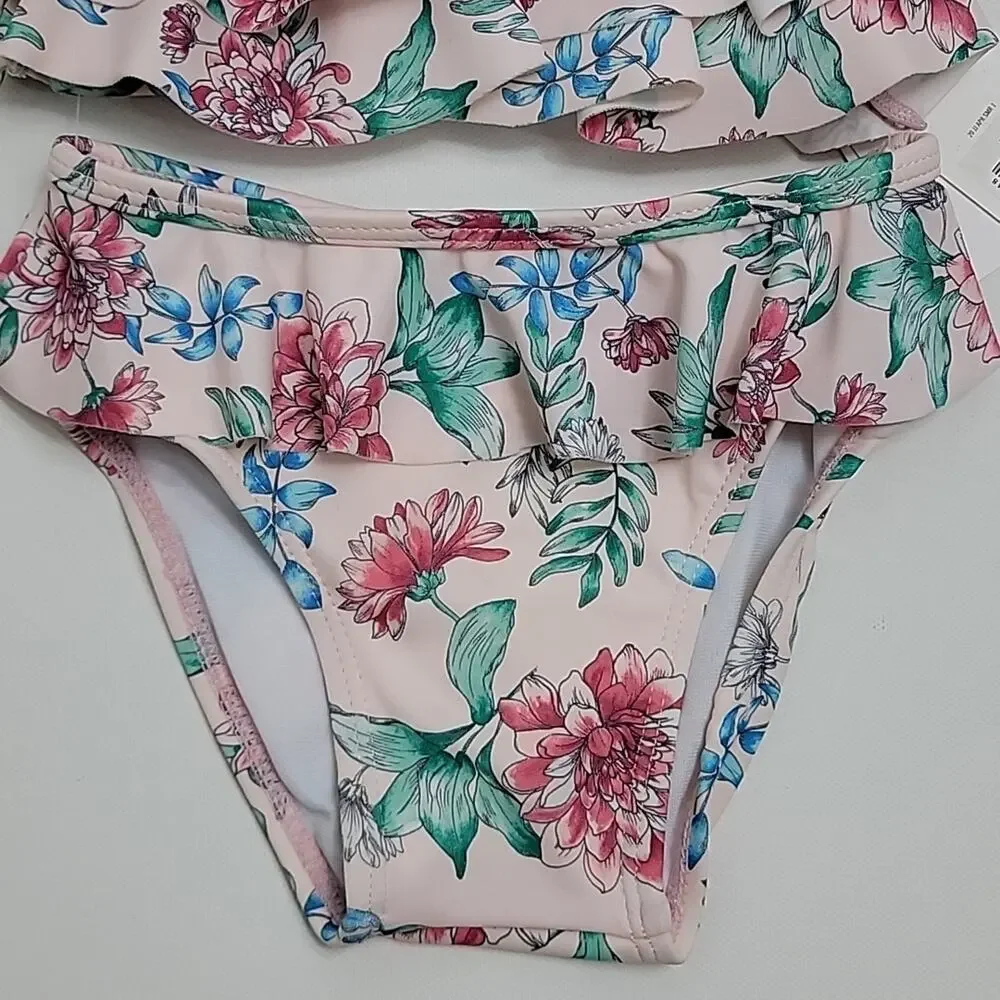 Janie and Jack Ruffled Floral Print Pink Two Piece Baby Girl‎ Swimsuit 6-12M